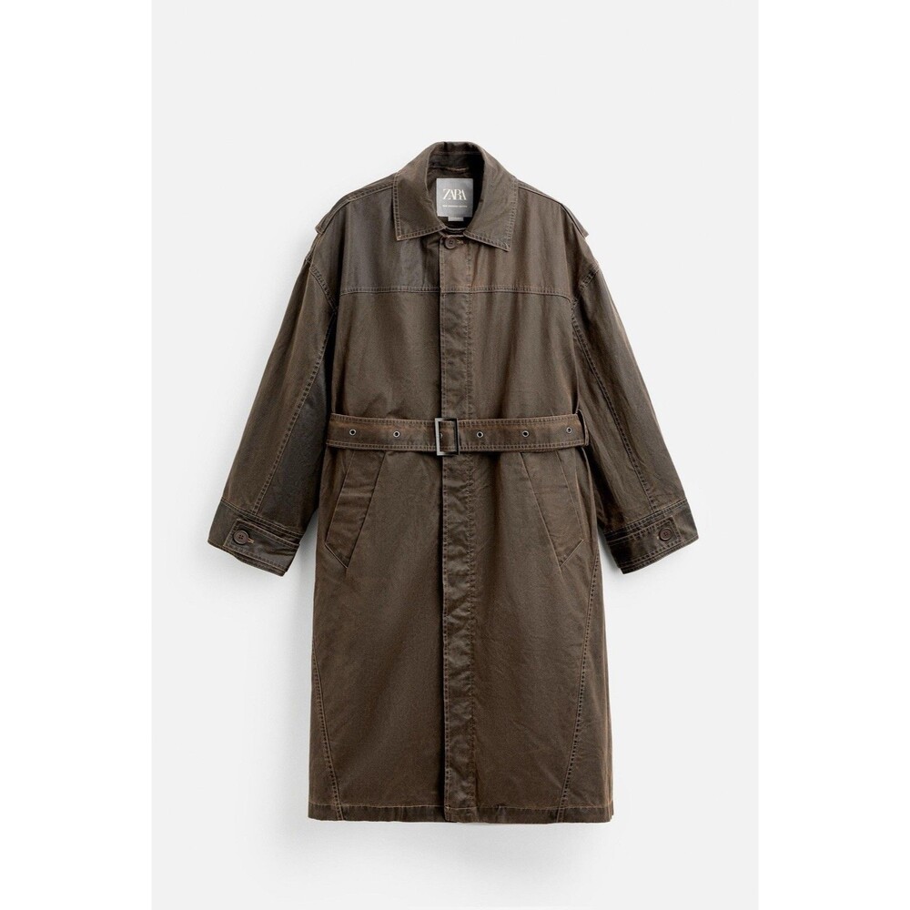 ZARA Man Shanghai Edition Washed Effect Waxed Finish Trench Coat Brown Large